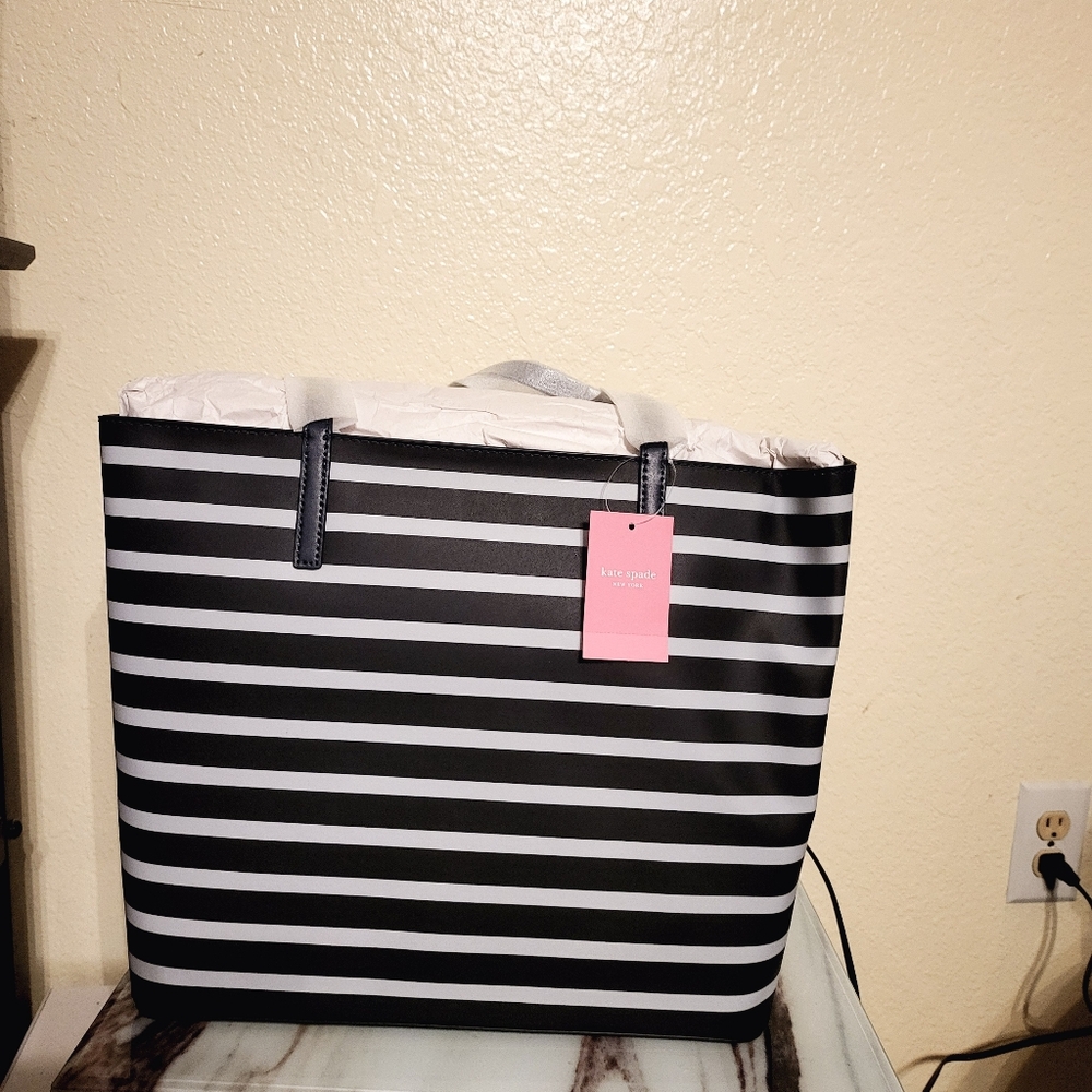 Kate Spade Navy and White Striped Leather Tote Bag NWT